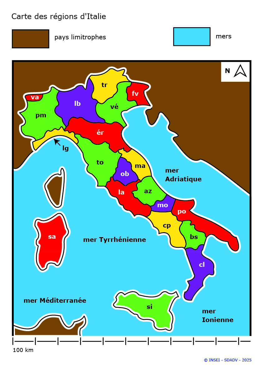 Carte des régions d'Italie en couleurs contrastées