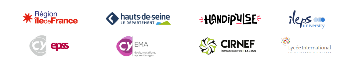 Logos des organisateurs et partenaires : INSEI, CY Cergy Paris Université, Chaire UNESCO AUEN, Région Île-de-France, Département des Hauts-de-Seine, Handipulse, ILEPS, EPSS, laboratoire EMA, CIRNEF, Lycée International de Saint-Germain-en-Laye 