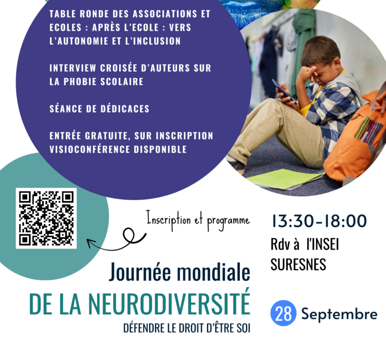 Journée mondiale de la Neurodiveristé - 28 septembre 2024, 13 heures 30 à 18 heures. Programme : Table ronde, interview croisée, séance de dédicace, entrée gratuite, inscription en ligne