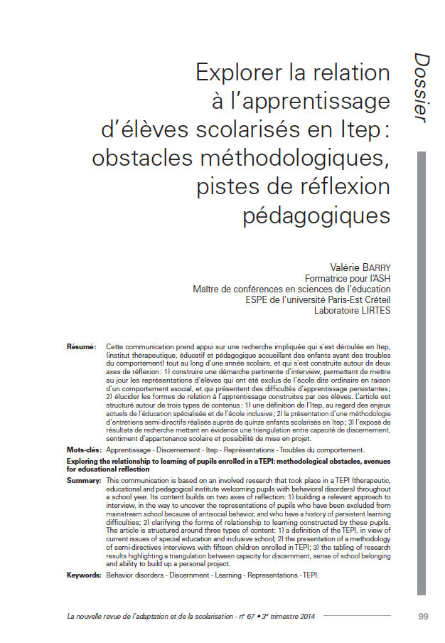 Première page de l'article de Valérie Barry : "Explorer la relation à l’apprentissage d’élèves scolarisés en Itep : obstacles méthodologiques, pistes de réflexion pédagogiques"
