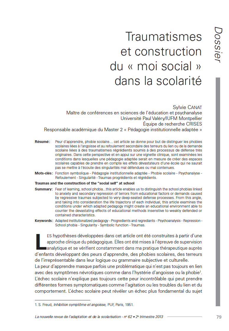 Première page de l'article de Sylvie Canat, Nras 62