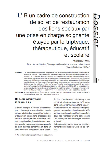 Première page de l'article "L'IR un cadre de construction de soi et de restauration des liens sociaux par une prise en charge soignante étayée par le triptyque, thérapeutique, éducatif et scolaire"