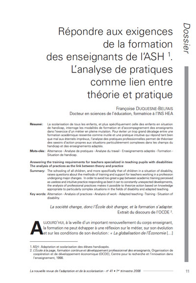 Première page de l'article : "Répondre aux exigences de la formation des enseignants de l’ASH. L’analyse de pratiques comme lien entre théorie et pratique"