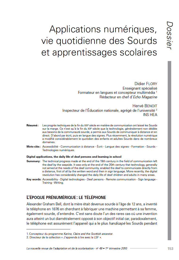Première page de l'article "Applications numériques, vie quotidienne des Sourds et apprentissages scolaires"