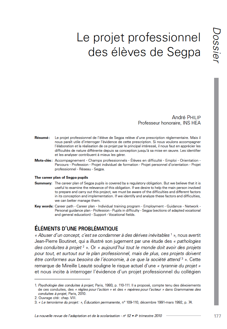 Première page de l'article "Le projet professionnel des élèves de Segpa"