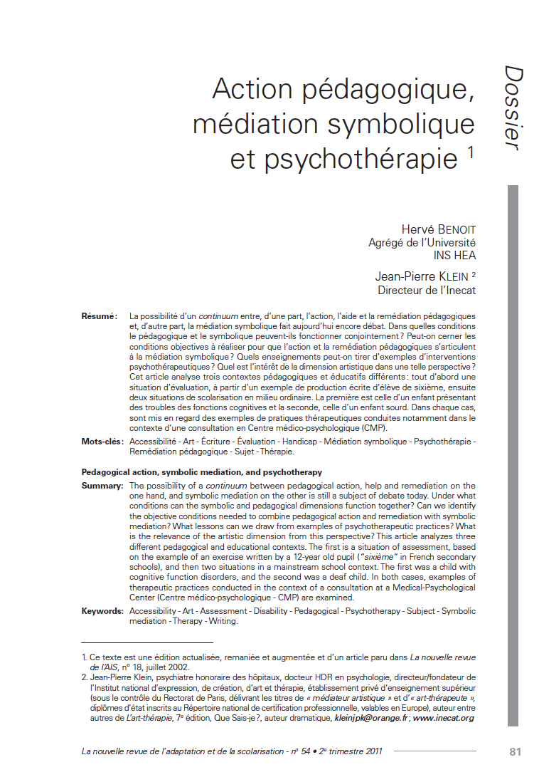 Première page de l'article "Action pédagogique, médiation symbolique et psychothérapie"