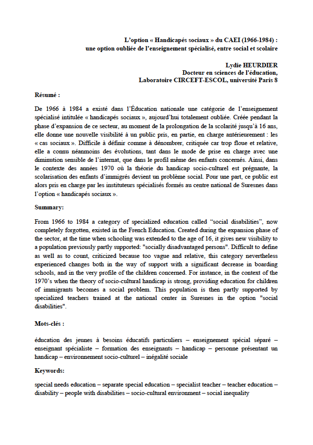 Page de l'article de Lydie Heurdier "L’option « Handicapés sociaux » du CAEI (1966-1984) : une option oubliée de l’enseignement spécialisé, entre social et scolaire"