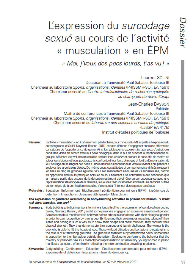 Première page de l'article de Laurent Solini, Jean-Charles Basson