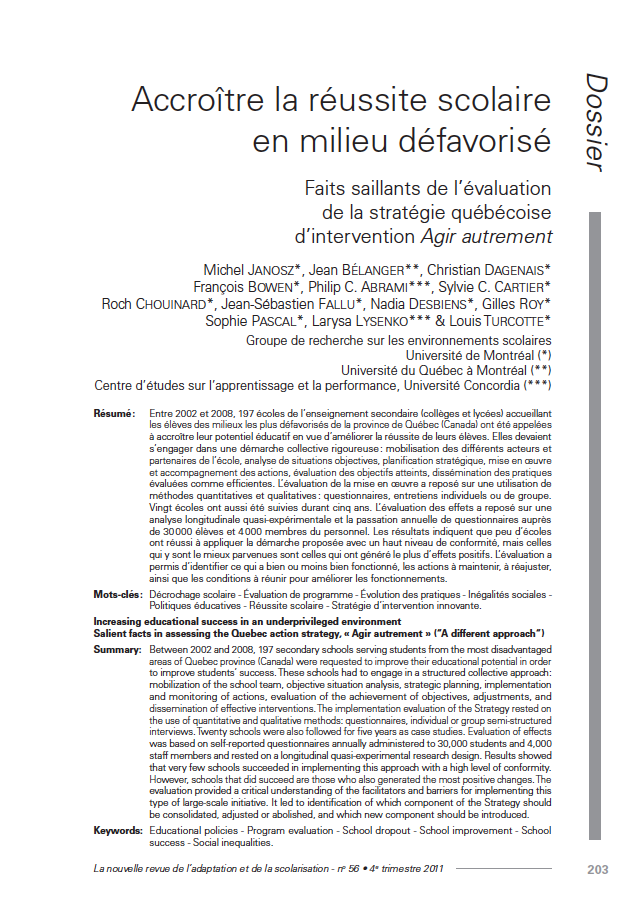 Première page de l'article du n°56 : Accroître la réussite scolaire en milieu défavorisé Faits saillants de l’évaluation de la stratégie québécoise d’intervention. Agir autrement