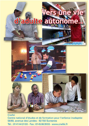 Jaquette du film "Vers une vie d'adulte autonome" illustrée par cinq photos de personnes au travail ou en établissement